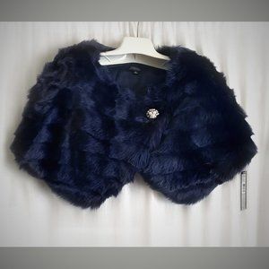 Tahari women's fur Manto (sleeveless mini-coat) Dark blue faux fur, size L, NWT